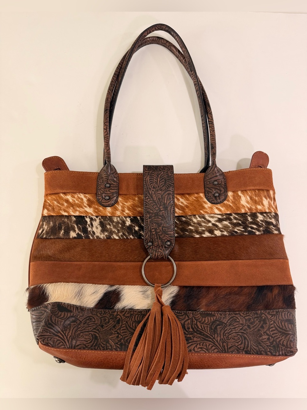 Tony Lama Concealed Carry CCW Leather Handbag Cowhide Tooled Patchwork Tote Bag